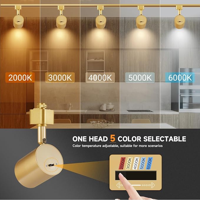 VANoopee 5-Color Gold LED Track Lighting Heads H Type Track Light Heads Dimmable, 2000K 3000K 4000K 5000K 6000K Adjustable, Flicker Free CRI90+ 24° 10W 800lm 5CCT (4 Pack)