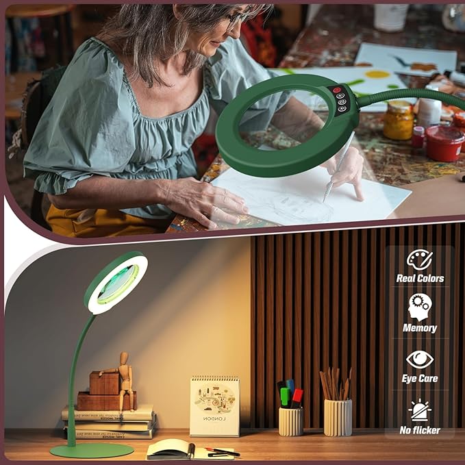 10X Magnifying Glass with Light and Stand, 5 Color Modes Stepless Dimmable LED Lighted Desk Lamp, Hands Free Flexible Gooseneck Magnifier with Light for Craft Hobby Painting Close Work - Green