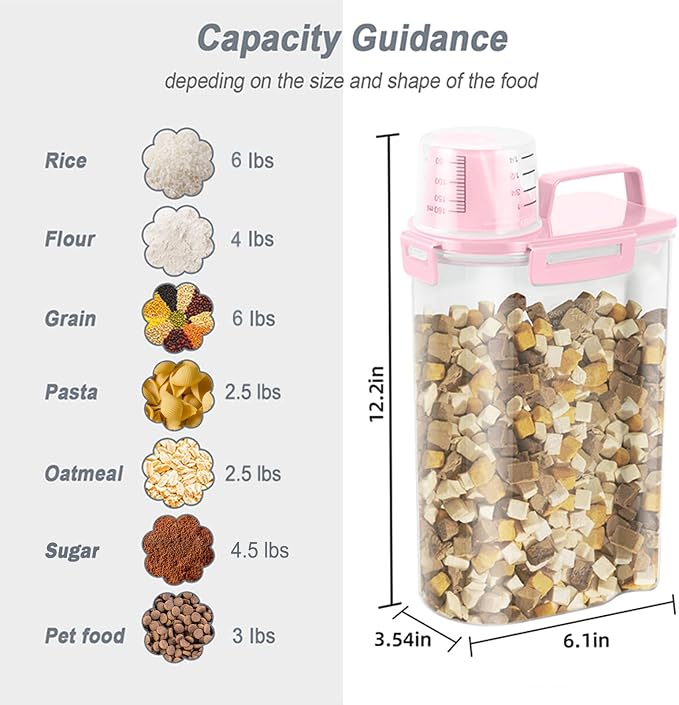 LEAWALK Airtight Rice Storage Container, 3.28Qt Cereal Dry Food Flour and Sugar Bin, Dog Cat Food Dispenser with Measuring Cup, BPA Free Clear Plastic Kitchen and Pantry Organization Bin-Pink 2Pack