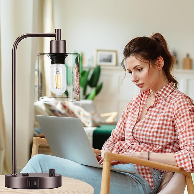 Lynnoland Set of 2 Oil Rubbed Bronze Table Lamps with USB C+A Ports and Outlet, Fully Stepless Dimmable Bedside Lamps, Industrial Desk Lamps with Clear Glass Shade for Living Room (2 LED Bulb)