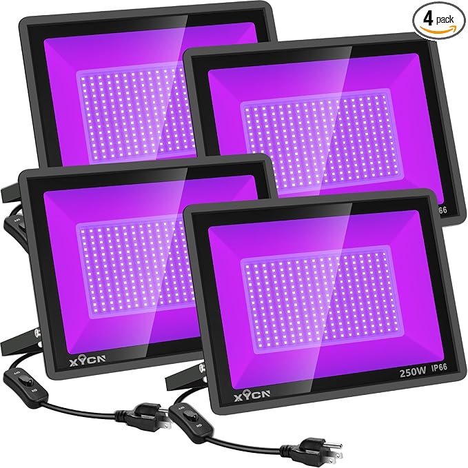 XYCN 4 Pack 250W LED Flood Black Lights,395nm to 405nm UV Outdoor Flood High Power Blacklight Light with Plug in, IP66 Waterproof Large Black Light Spotlight for Glow Party Large Space, Halloween