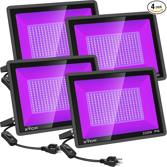XYCN 4 Pack 250W LED Flood Black Lights,395nm to 405nm UV Outdoor Flood High Power Blacklight Light with Plug in, IP66 Waterproof Large Black Light Spotlight for Glow Party Large Space, Halloween