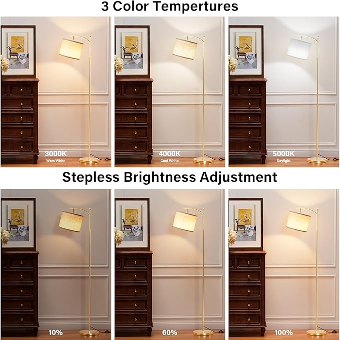 Ambimall 60" Gold Floor Lamp with Remote Control and Stepless Dimmable Bulb, Colors Temperature & Brightness Adjustable, Modern Floor Lamps for Living Room, Beige Shade & Gold Pole