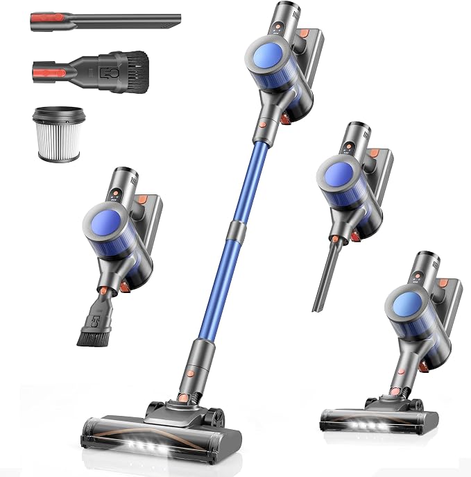 Dzaki Cordless Stick Vacuum Cleaner, 50KPa Brushless Motor Vacuum with Anti-Tangle, LED Display, 55-Min Runtime & Detachable Battery for Pet Hair, Carpet & Hardwood Floors (Blueorange)