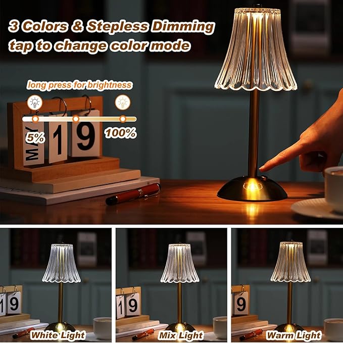 Liliful 20 Pcs Cordless Table Lamp Rechargeable Touch LED Small Gold Portable Battery Operated USB-c Desk Lamp 3 Color Dimmable for Bedroom Living Room Dining (Gold,Rose Style)