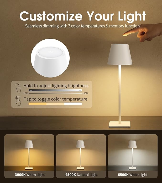 UME 3 Pack Cordless Table Lamp, Battery Operated Lamp - Portable Waterproof Rechargeable Table Lamp 3 Color Temps & Stepless Dimming for Dinner, Desk, Cafe, Outdoor (White)