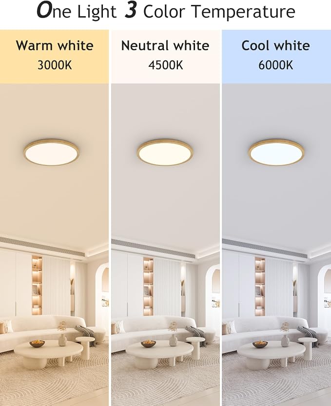hepside 1PACK Flush Mount LED Ceiling Light Fixture Wooden, 12Inch 28Watt, Dimmable & 3000K-4500K-6000K Ceiling Lamp 3200LM Low Profile Ceiling Light for Kitchen Bedroom Hallway Porch