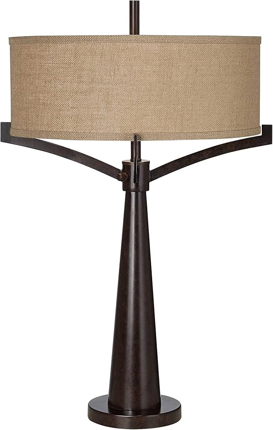 Franklin Iron Works Tremont Rustic Farmhouse Table Lamp 31 1/2" Tall Allegheny Bronze Brown Iron Burlap Fabric Drum Shade for Bedroom Living Room House Home Bedside Nightstand Office Entryway Kids