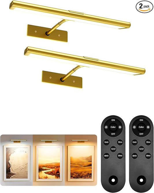 EZVALO Picture Light for Wall, 4800mAh Rechargeable Wireless Remote, 13‘’ Dimmable Magnetic LED Art Display Light with 3 Color Temperatures, for Gallery, Living Room, Bedroom, Hallway (Gold-2Pack)
