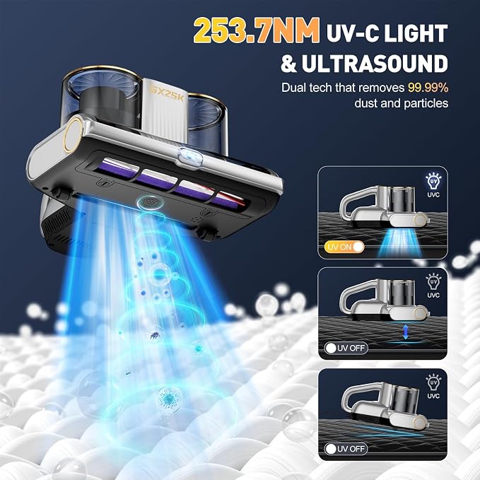 Gxzsk Mattress Vacuum Cleaner, 16kPa Bed Vacuum Cleaner with 253.7nm UV-C Light, Ultrasonic & 140℉ Heating, Dual Cup & Widen Suction Port Handheld Vacuums for Bed, Sofa, Couch, Crib (500W, Corded)