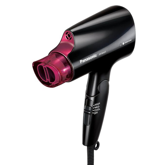 Panasonic nanoe Compact Hair Dryer for Healthy-Looking Hair, 1400W Portable, Folding Handling and Quickdry Nozzle for Fast Drying – EH-NA27-K (Black/Pink)