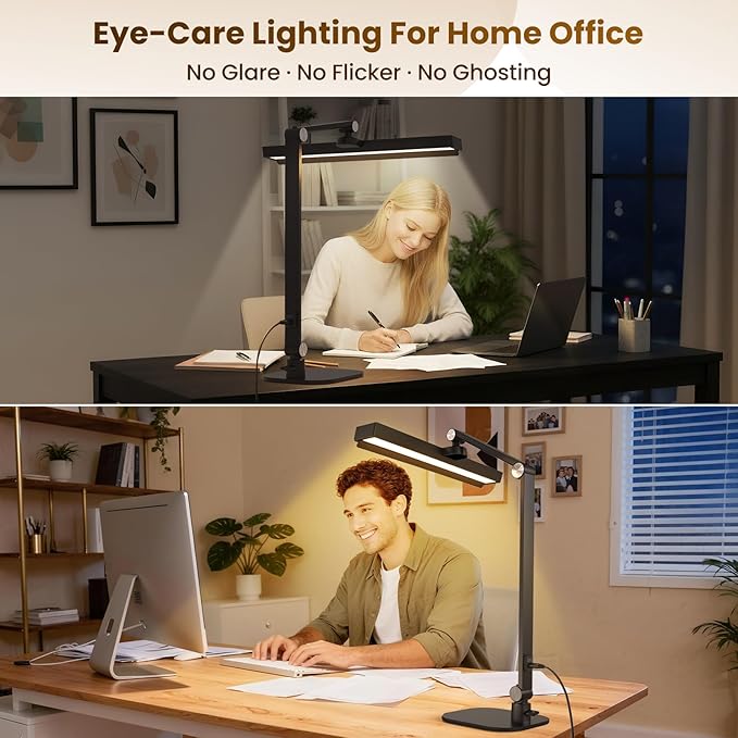 LIONVISON LED Desk Lamp for Home Office, Eye-Caring Desk Light with 2 in 1 Base/Clamp, Adjustable 5 Color 10 Brightness Computer Light with Memory & Timer Func, Metal Swing Arm Anti-Glare Table Lamp