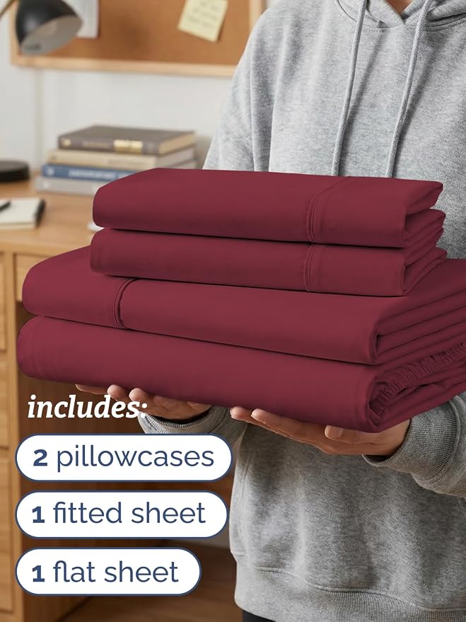 Twin XL 4 Piece Sheet Set - Comfy Breathable & Cooling - Ultra-Soft Hotel Luxury Bedding Set w/ 8-16 Inch Deep Pockets - 1 Flat & 1 Fitted Sheet & 2 Pillowcases - Wrinkle Free & Easy Care - Burgundy