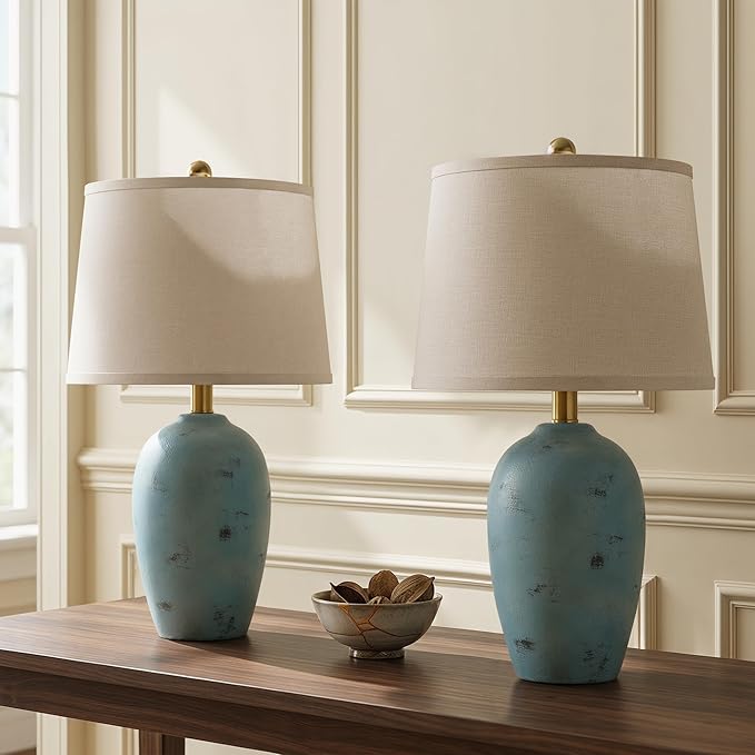 AIEAMPDO 21'' Set of 2 Coastal Small Ceramic Lamps for Bedroom, Traditional Nightstand Bedside Desk Table Lamp for Living Room Office Dorm, 2 Bulbs Included