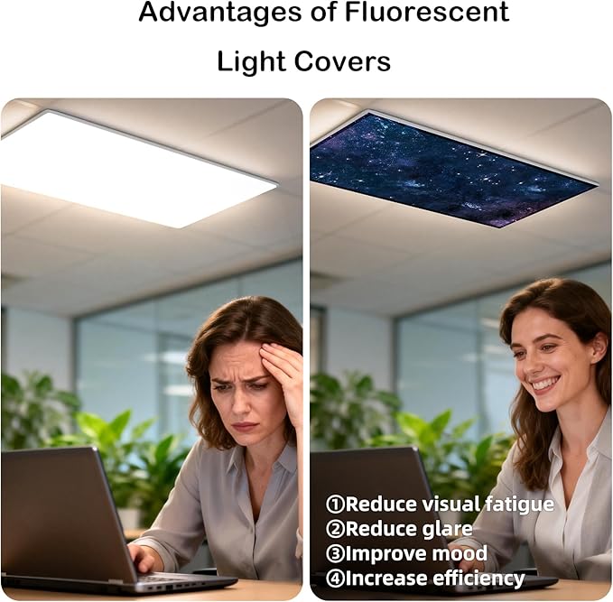ANGSYLTH 8 Pcs Fluorescent Light Covers - 4 x 2 Feet Covers for Ceiling Lights, 8 x 10 Magnetic Light Filters for Classroom, Office, Hospitals (Starry Sky)