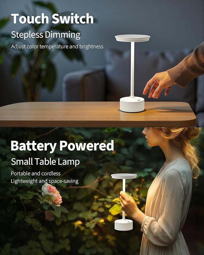 PUSU Rechargeable Table Lamps Set of 2, White Cordless LED 4000mAh Battery Desk Lamp, Stepless Dimming & 3 Color 2700K-6000K, Portable Lamp for Bedroom, Living Room, Restaurant, Outdoor, Night Light