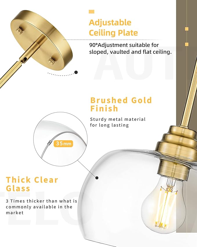 AUTELO 2 Pack Gold Pendant Lights, Glass Pendant Lights Kitchen Island with Clear Drum Glass, Industrial Pendant Ceiling Lights with Adjustable Rods for Kitchen Dining Room Bar, H9385 BG-R-2PK