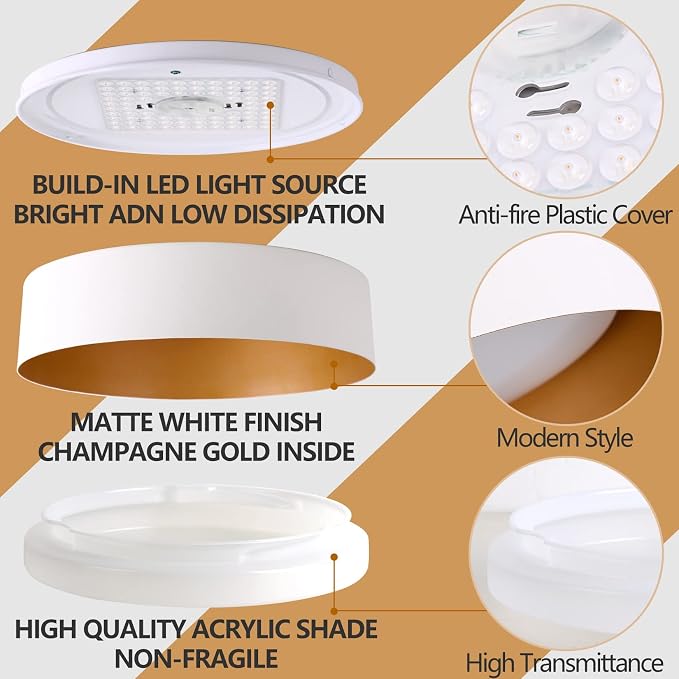 Bargeni 16.5" White Gold Flush Mount Ceiling Light, Dimmable LED Fixture | 30W LED ceiling light with 3000K warm white glow, ideal for hallways, closets, bedrooms and entryways