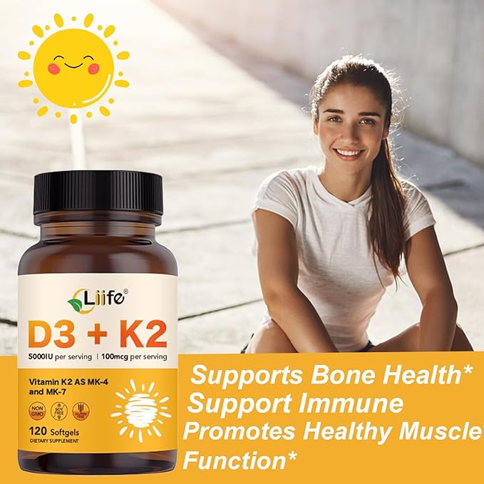 LIIFE Vitamin D3 K2 Supplement 5000 IU,120 Mini Softgels |2-in-1 Vitamins D & K Complex with Coconut Oil |Supports Calcium Absorption, Bone & Immune Health, Easy to Swallow