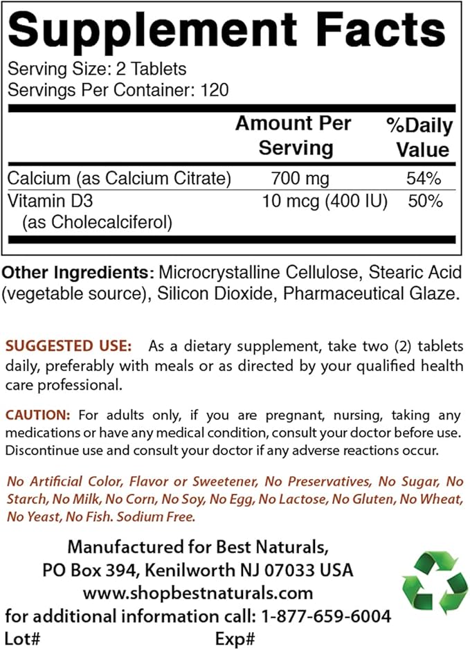 Citrate de calcium avec vitamine D3 et 5000 UI de vitamine D3