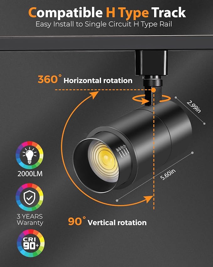 VANoopee 3-Color Zoomable 20W LED Track Lighting Heads H Type Track Light Heads Dimmable Bright Ceiling Spotlight Fixtures for Kitchen, 3000K 4000K 5000K Adjustable, CRI90+ 15°-60° 2000lm Black 4 Pack