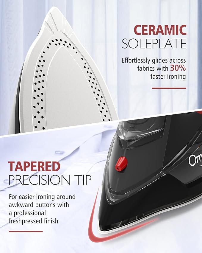 OMAIGA Cordless Iron for Clothes, 1500W Fast-Heating Steam Iron with Non-Stick Ceramic Soleplate,Burst of Steam for Clothes, Auto Shut Off, Self-Clean,3 Temperature Settings, 11.84oz Water Tank, Black