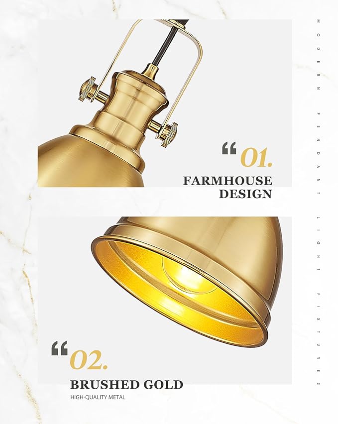 2 Pack Pendant Lights Kitchen Island, Farmhouse Hanging Lights Fixtures with Metal Shade, Rustic Kitchen Pendant Lighting Over Island for Dining Room, Brushed Gold, AD-2151-1P2-GD