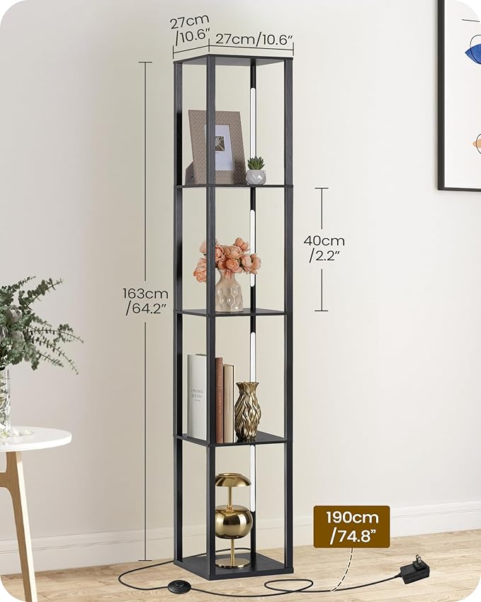 64.2" Display Shelf with Light, Modern Corner Floor Lamp with Shelves, 3000K-6000K LED Dimmable Standing Lamp with Remote for Living Room, Bedroom, Office, Adjustable CCT, Black Square B51LD05