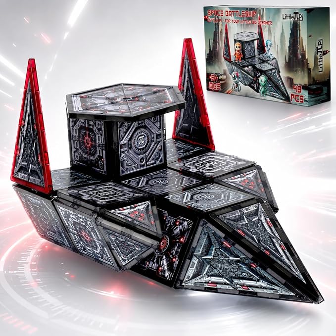 Little Pi Space Battleship Magnetic Tiles | Magnetic Blocks for Star Inspired Galactic Building | STEM Toys for Kids Age 3 4 5 6 7 8