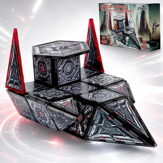 Little Pi Space Battleship Magnetic Tiles | Magnetic Blocks for Star Inspired Galactic Building | STEM Toys for Kids Age 3 4 5 6 7 8