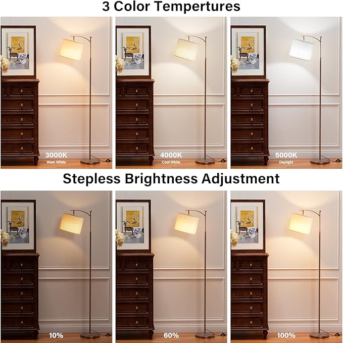 Ambimall 60" Floor Lamp with Remote Control and Stepless Dimmable Bulb, Colors Temperature & Brightness Adjustable, Modern Floor Lamps for Living Room, Deep Beige Shade & Brown Pole