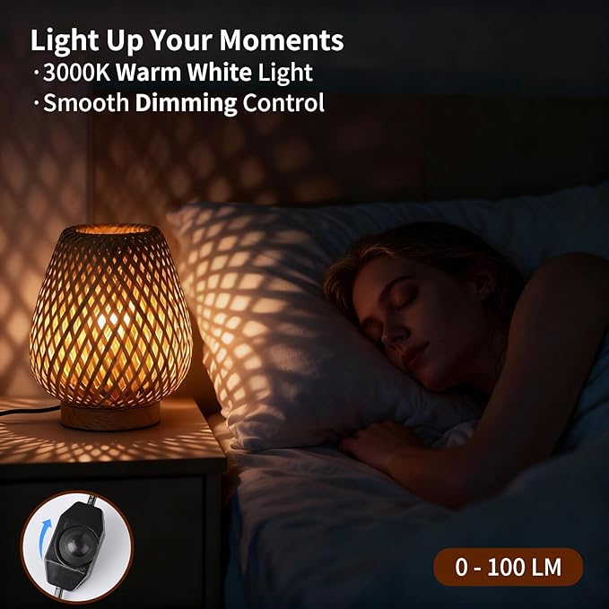 Boho Table Lamp with Double Layer Woven Shade Wood Base, Desk Bedside Small Rattan Lamps, 110V Plug, Dimmable E26 Socket (Bulb Included) for Living Room Night Stands Bedroom