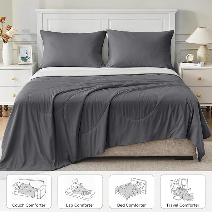 HOMFINE Cooling Comforter Japanese Double-Sided Cold Tech Fabric Cooling Blanket for Night Sweats Hot Sleepers, Q-Max 0.45 Soft Breathable Silky Smooth Lightweight Grey Summer Comforter King