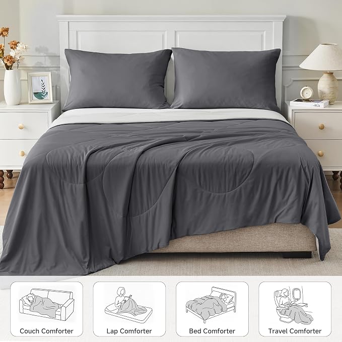 HOMFINE Cooling Comforter Twin Size, Grey Summer Cooling Blanket for Hot Sleepers and Night Sweats, Japanese Double-Sided Cold Tech Fabric Q-Max 0.45, Soft Breathable Silky Smooth Lightweight