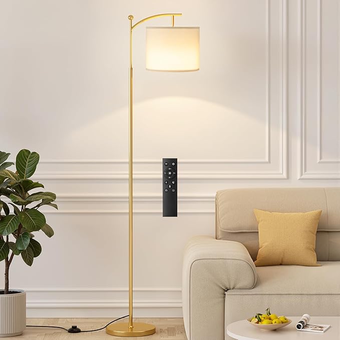 Ambimall 60" Gold Floor Lamp with Remote Control and Stepless Dimmable Bulb, Colors Temperature & Brightness Adjustable, Modern Floor Lamps for Living Room, White Shade & Gold Pole