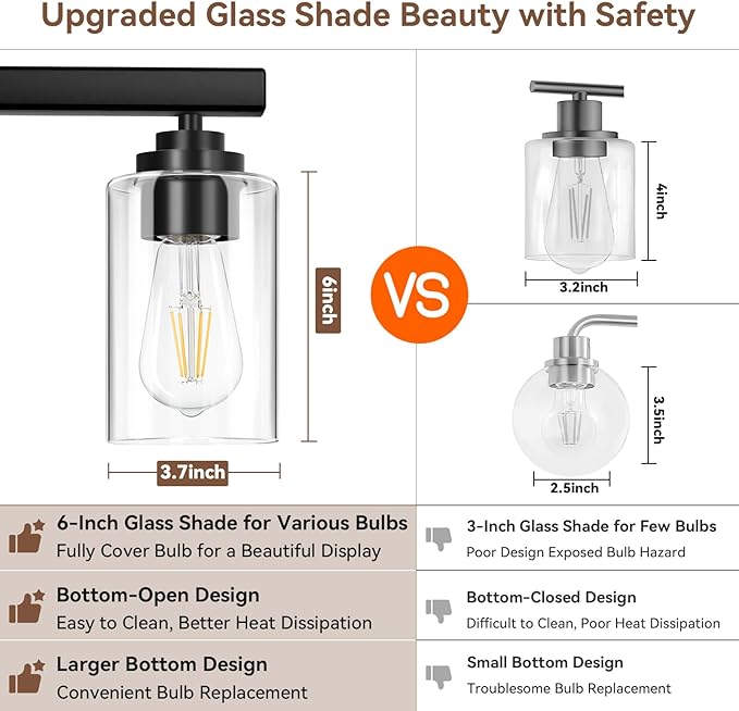 VerRon 4 Lights Bathroom Light Fixtures, Matte Black Modern Vanity Lights Over Mirror with Clear Glass Shades, Bathroom Wall Sconce for Mirror Living Room Cabinet Bedroom Porch