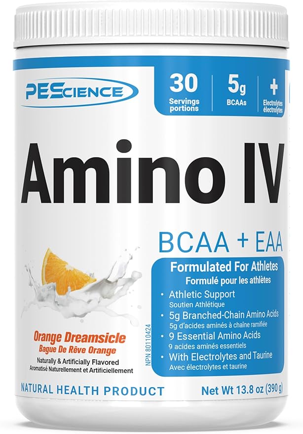 PEScience Amino IV BCAA & EAA Powder, Essential Amino Acids, Taurine, Electrolytes for Hydration and Muscle Recovery, Sugar Free for Men & Women, Post Workout - Orange Dreamsicle - 30 Servings
