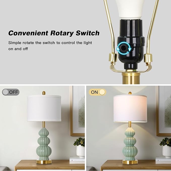 Cinyirong 28" Green Ceramic Table Lamps Set of 2, Modern Bedside Lamps for Night Stands, Triple Gourd Table Lamp for Living Room End Table or Bedroom Nightstand (2 LED Bulbs Included)