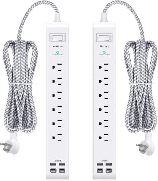 2 Pack Power Strip 15FT, Surge Protector with 6 Outlets and 4 USB Ports (2 USB C), Flat Plug Overload Protection, Extension Cord with Multiple Outlets, Wall Mount for Home Dorm College