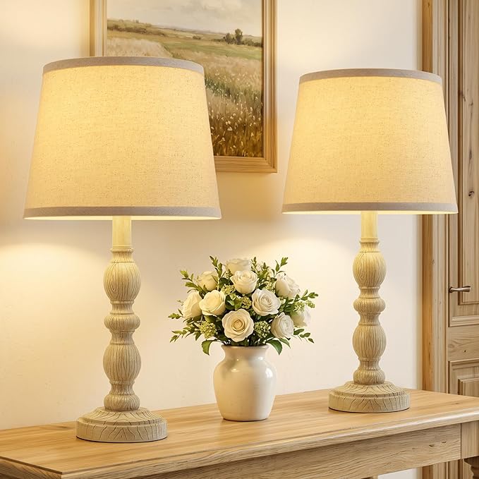 GyroVu 20.5" Table Lamps for Nightstand Set of 2, Farmhouse Lamps for Bedroom, Small Desk Lamps for Living Room, Linen Shades, Knob Switch, Bedside Lamps for Reading, Office(Creamy White)