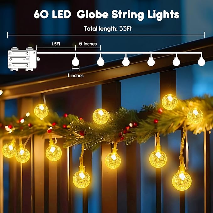 Minetom Crystal Globe String Lights Battery Operated - 33 ft 60 LED Globe Fairy Lights with Remote and 8 Modes, Waterproof for Bedroom Tent Loft Camping Porch Patio Party Wedding Decor, Warm White