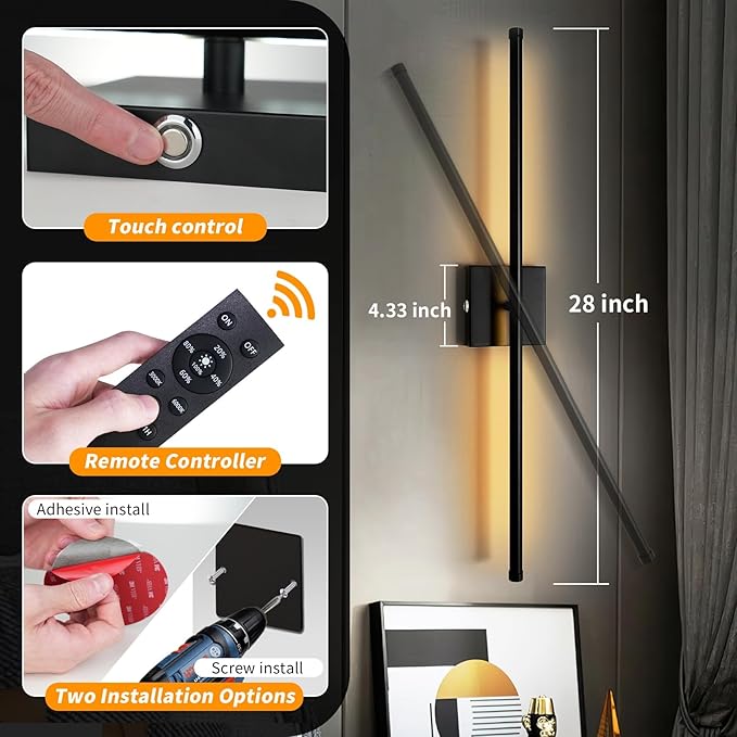 15800 mAh Battery Operated Wall Sconces with Remote Control, Dimmable Wall Sconces Set of Two 3000K LED Matte Black and Brass Gold Wireless Wall Light Battery Powered Cordless Rechargeable Wall Lamps