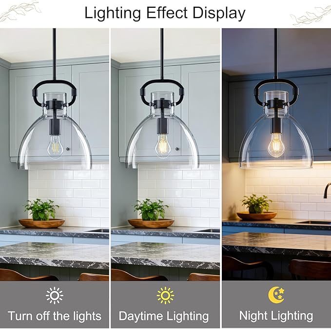 9.8'' Farmhouse Glass Pendant Lights Kitchen Island, 1-Light Modern Black Kitchen Island Lighting, Pendant Light Fixtures for Dining Room Bedroom Over Table, E26