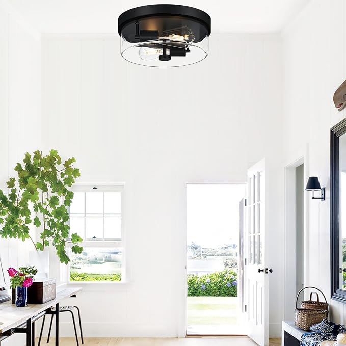 szzgco Flush Mount Ceiling Light Fixtures, 2-Light Black Ceiling Mount for Farmhouse with Clear Glass Lampshade, Industrial Flush Mount Light Fixture for Hallway, Kitchen, Entryway and Foyer
