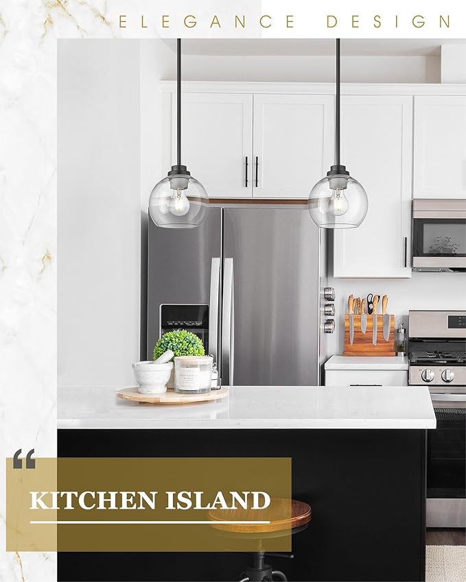 Pendant Lights Kitchen Island 2 Pack, 7" Modern Black Hanging Lights Fixtures with Clear Glass Globe Shade, Kitchen Island Lighting for Bathroom, AD-22280-1P2-BK-C