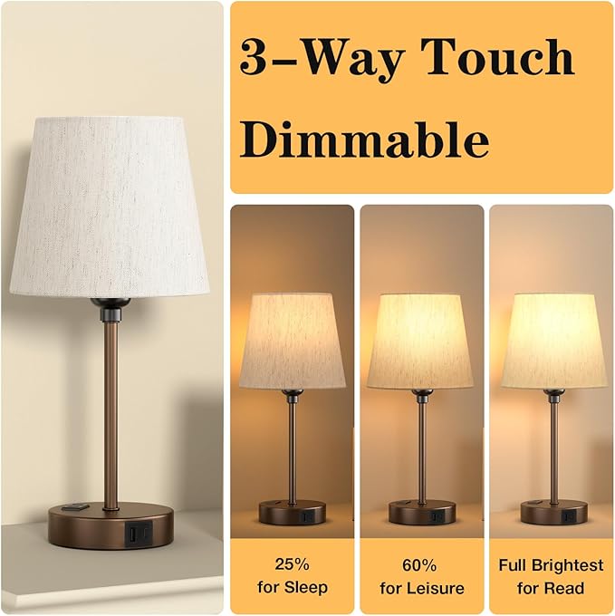 Brown Bedside Lamps for bedrooms Set of 2 - Nightstand Bedroom Lamp with USB C Port and AC Outlet Charging, 3 Way Dimmable Touch Control Small Bed Side Table Lamp, Nightstand Light for Kids