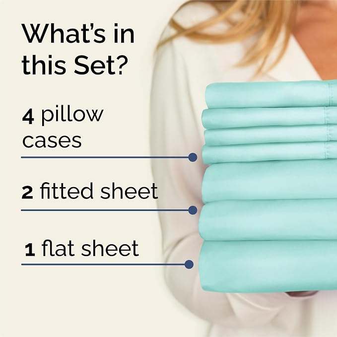 Split King 7 Piece Sheet Set - Comfy Breathable & Cooling - Soft Hotel Luxury Bedding Set with 8-16 Inch Deep Pockets - 1 Flat & 2 Fitted Sheet & 4 Pillowcases - Wrinkle Free & Easy Care - Spa Blue