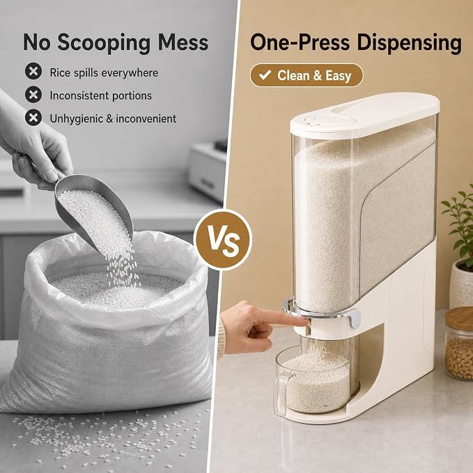 Rice Dispenser 22 Lb, Slim Rice Storage Container with Double Sealing Strip, Press to Dispense Cereal Container Airtight for Kitchen Pantry Organization, (Ivory White-22lb)