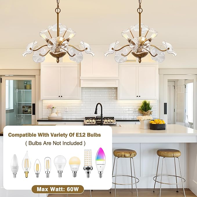 Luvkczc Modern Gold Chandelier,Vintage Brass Flower Glass Pendant Light Fixture,Mid Century Ceiling Light Fixture for Dining Room, Kitchen, Living Room, Bedroom Hallway Porch,3 Lights