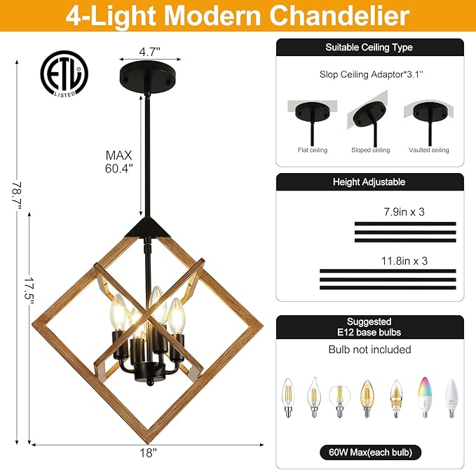 Modern Chandelier for Dining Room (18",4-Light), No Assembly Required Wood Grain Dining Room Light Fixture Over Table, Industrial Hanging Pendant Lights Fixture for Kitchen Island, Entryway, Foyer